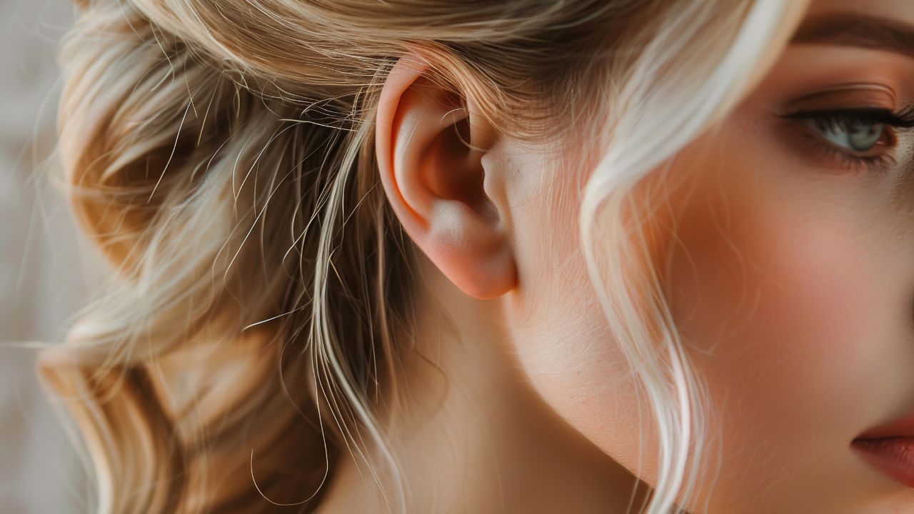 portrait of a woman with blonde hair styled in a beautiful evening